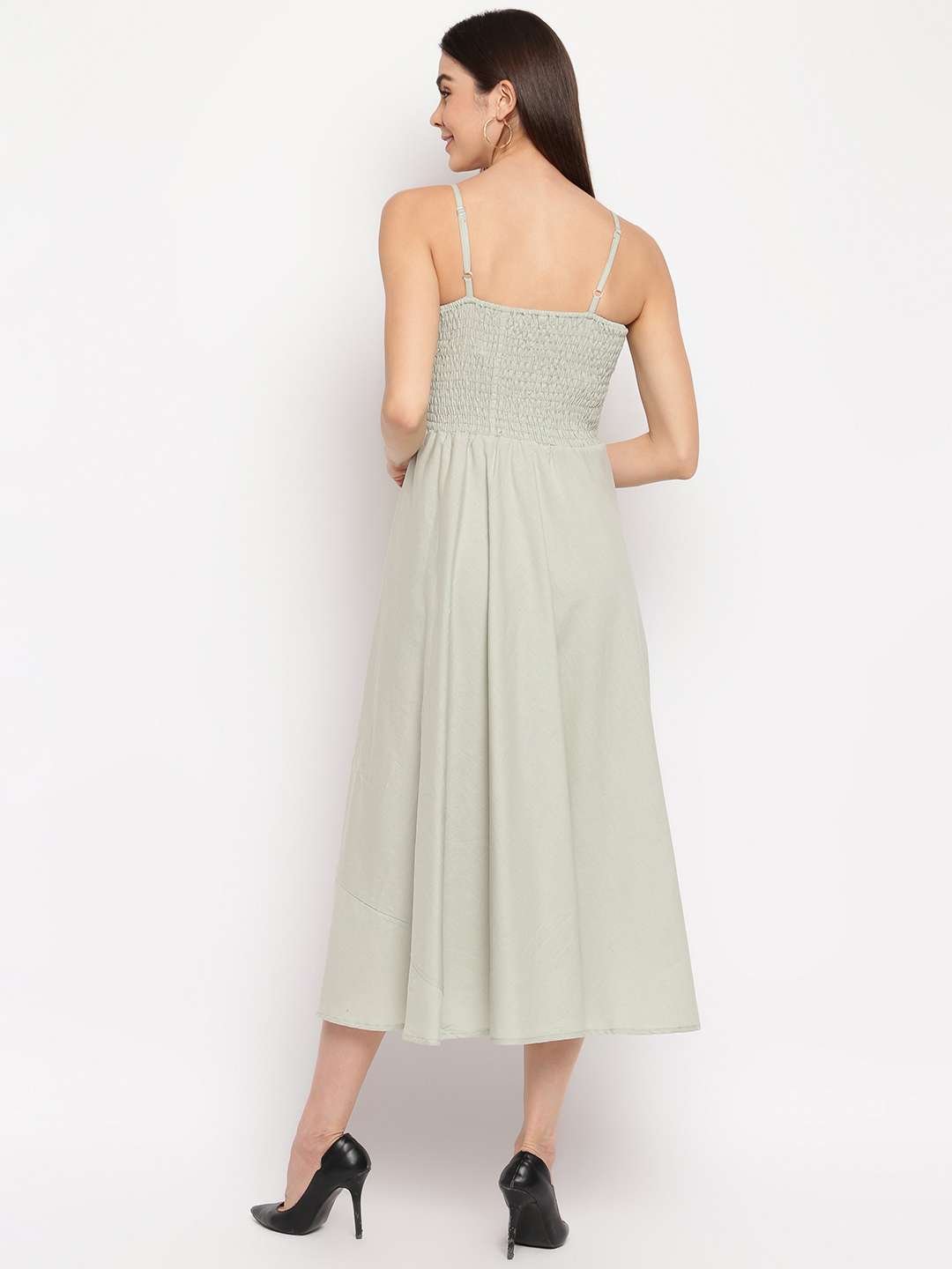 Women's Viscose Rayon Solid Shoulder Straps Sleeveless Flared Gown Drees (Light Grey) - Image 3
